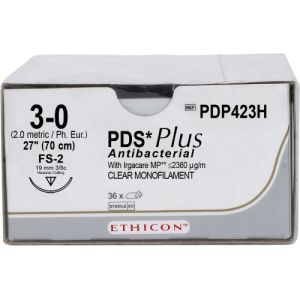 J&J Ethicon PDS Plus 3-0 Suture With FS-2 19mm 3/8 Circle Needle 70cm PDP423H Box/36