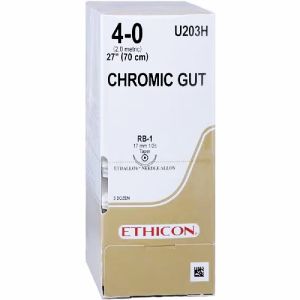 J&J Ethicon Chromic Gut 4-0 Suture With RB-1 17mm 1/2 Circle Needle 70cm U203H Box/36