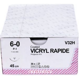J&J Ethicon Vicryl Rapide 6-0 Suture With P-1 11mm 3/8 Circle Needle 45cm V32H Box/36