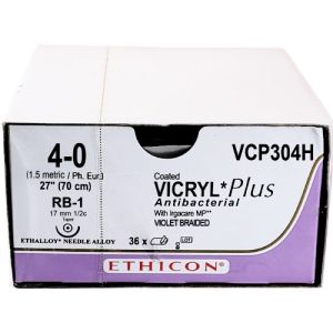 J&J Ethicon Vicryl Plus 4-0 Suture With RB-1 17mm 1/2 Circle Needle 70cm VCP304H Box/36