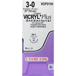 J&J Ethicon Vicryl Plus 3-0 Suture With SH-1 22mm 1/2 Circle Needle 70cm VCP311H Box/36