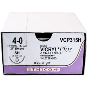 J&J Ethicon Vicryl Plus 4-0 Suture With SH 26mm 1/2 Circle Needle 70cm VCP315H Box/36