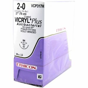J&J Ethicon Vicryl Plus 2-0 Suture With SH 26mm 1/2 Circle Needle 70cm VCP317H Box/36