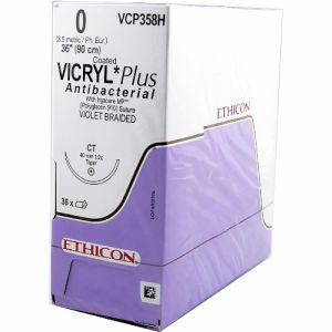 J&J Ethicon Vicryl Plus 0 Suture With CT 40mm 1/2 Circle Needle 90cm VCP358H Box/36