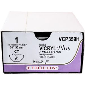 J&J Ethicon Vicryl Plus 1 Suture With CT 40mm 1/2 Circle Needle 90cm VCP359H Box/36