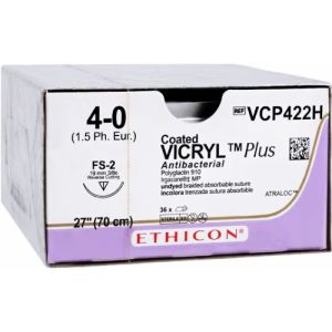 J&J Ethicon Vicryl Plus 4-0 Suture With FS-2 19mm 3/8 Circle Needle 70cm VCP422H Box/36