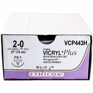 J&J Ethicon Vicryl Plus 2-0 Suture With FS-1 24mm 3/8 Circle Needle 70cm VCP443H Box/36