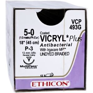 J&J Ethicon Vicryl Plus 5-0 Suture With P-3 13mm 3/8 Circle Needle 45cm VCP493G Box/12