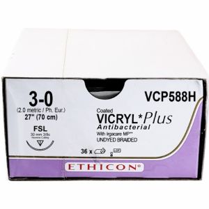 J&J Ethicon Vicryl Plus 3-0 Suture With FSL 30mm 3/8 Circle Needle 70cm VCP588H Box/36