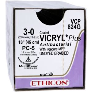 J&J Ethicon Vicryl Plus 3-0 Suture With PC-5 19mm 3/8 Circle Needle 45cm VCP824G Box/12