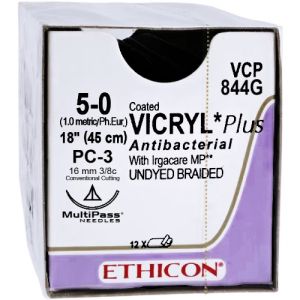 J&J Ethicon Vicryl Plus 5-0 Suture With PC-3 16mm 3/8 Circle Needle 45cm VCP844G Box/12