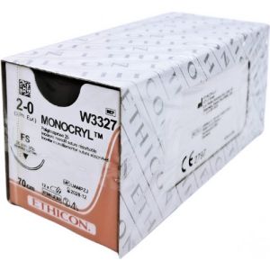 J&J Ethicon Monocryl 2-0 Suture With FS 26mm 3/8 Circle Needle 70cm W3327 Box/12