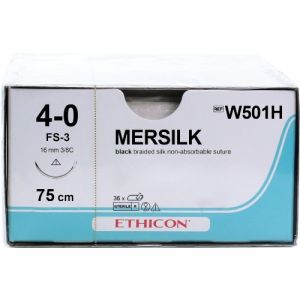 J&J Ethicon Mersilk 4-0 Suture With FS-3 16mm 3/8 Circle Needle 75cm W501H Box/36