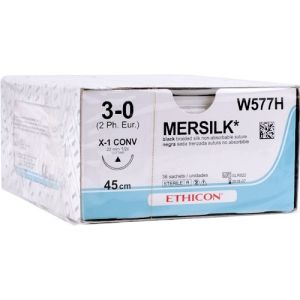 J&J Ethicon Mersilk 3-0 Suture With X-1 22mm 1/2 Circle Needle 45cm W577H Box/36