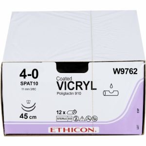J&J Ethicon Vicryl 4-0 Suture With SPAT-10 11mm 3/8 Circle Needle 45cm W9762 Box/12