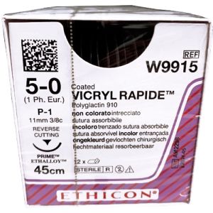 J&J Ethicon Vicryl Rapide 5-0 Suture With P-1 11mm 3/8 Circle Needle 45cm W9915 Box/12