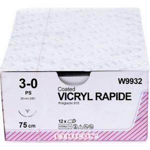 J&J Ethicon Vicryl Rapide 3-0 Suture With PS 26mm 3/8 Circle Needle 75cm W9932 Box/12