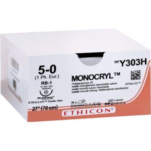 J&J Ethicon Monocryl 5-0 Suture With RB-1 17mm 1/2 Circle Needle 70cm Y303H Box/36