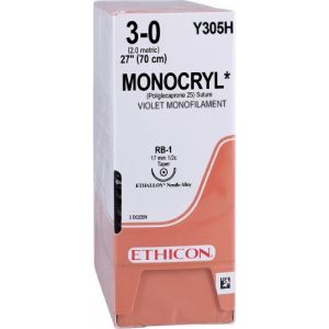 J&J Ethicon Monocryl 3-0 Suture With RB-1 17mm 1/2 Circle Needle 70cm Y305H Box/36