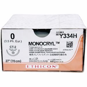 J&J Ethicon Monocryl 0 Suture With CT-2 26mm 1/2 Circle Needle 70cm Y334H Box/36